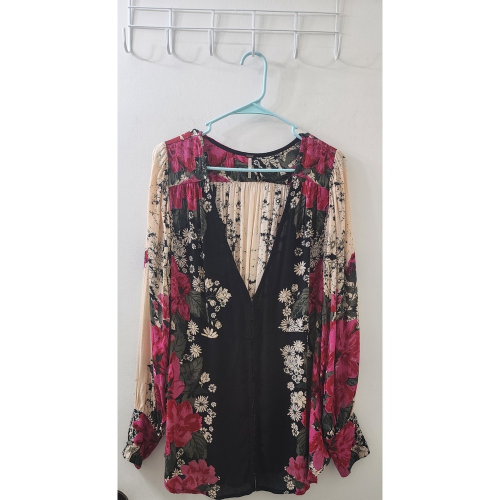 Free People Floral V-Neck Tunic Top Pink Black Cream Long Sleeve OB1585324 Small
